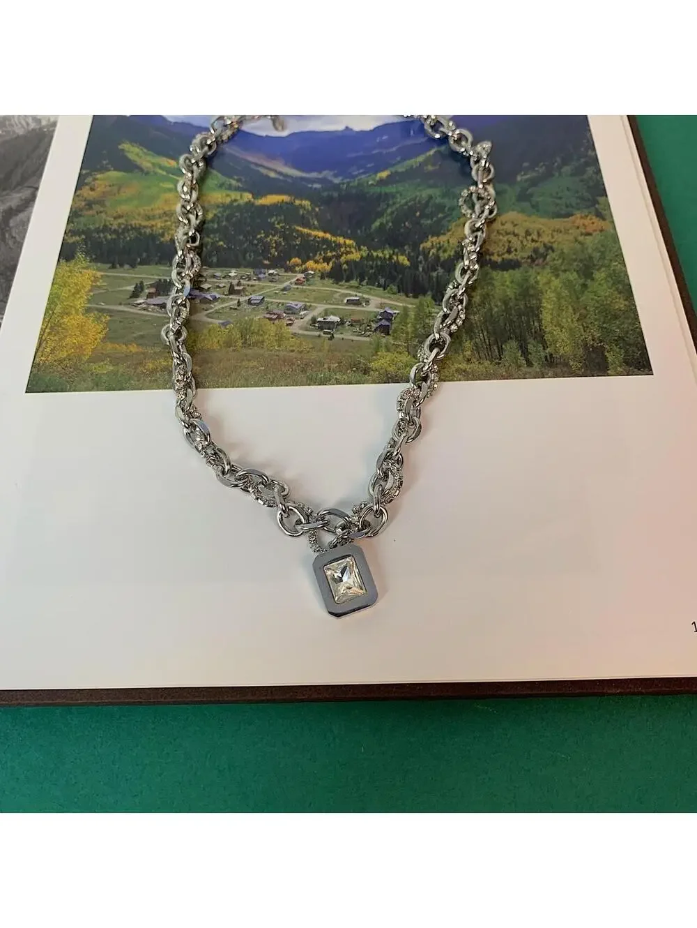 Stainless Steel White Opal Pendant Y2K Style Necklace. Unisex. Brand New. 18-.
